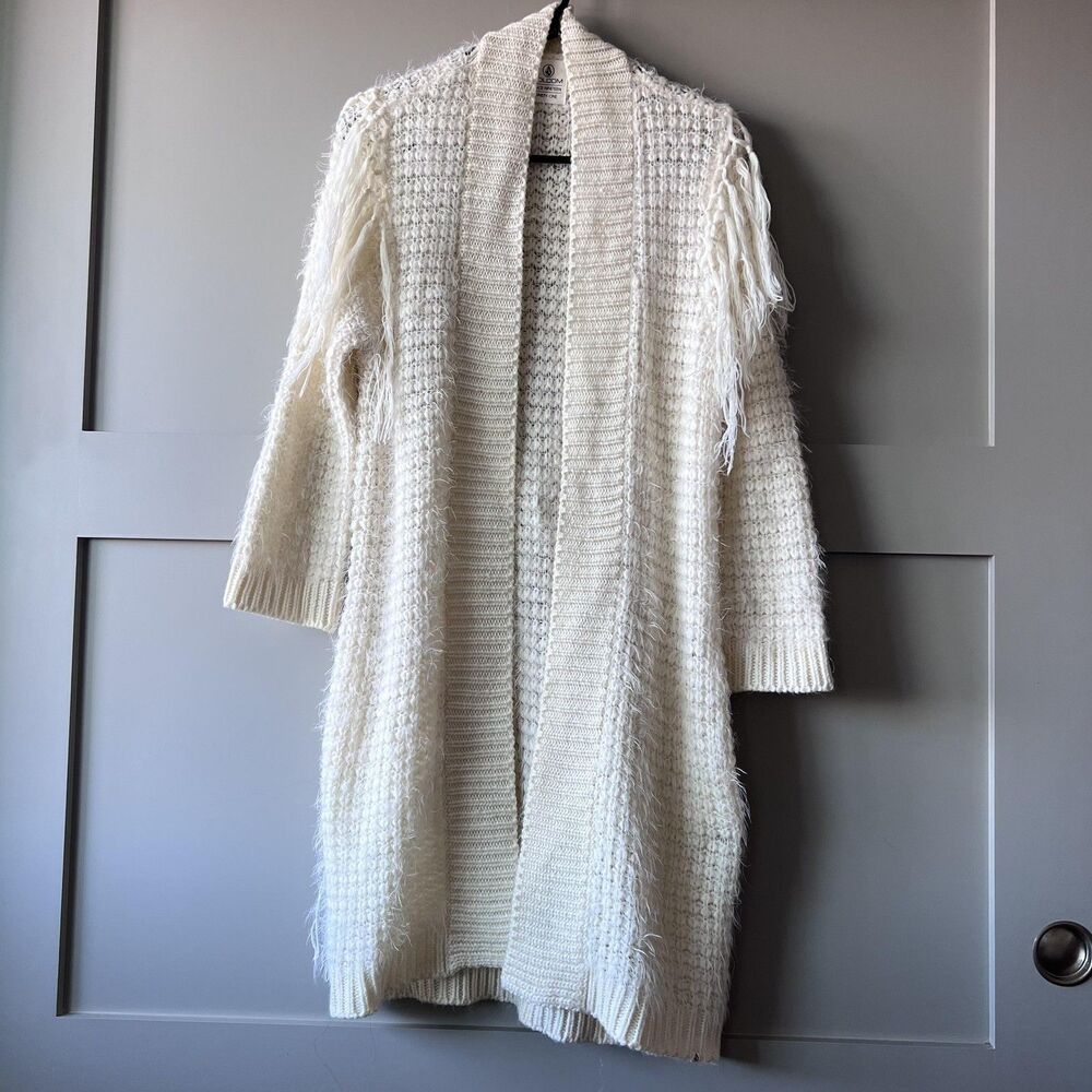 Volcom Sweater Womens XS Small White Fringe Open‎ Front Long Cardigan 80741511